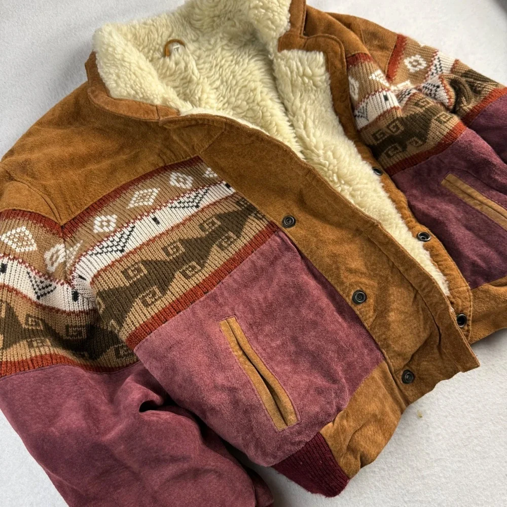 Kids Vintage Style Suede Southwestern Bomber Jacket Shearling Brown Size 12-14